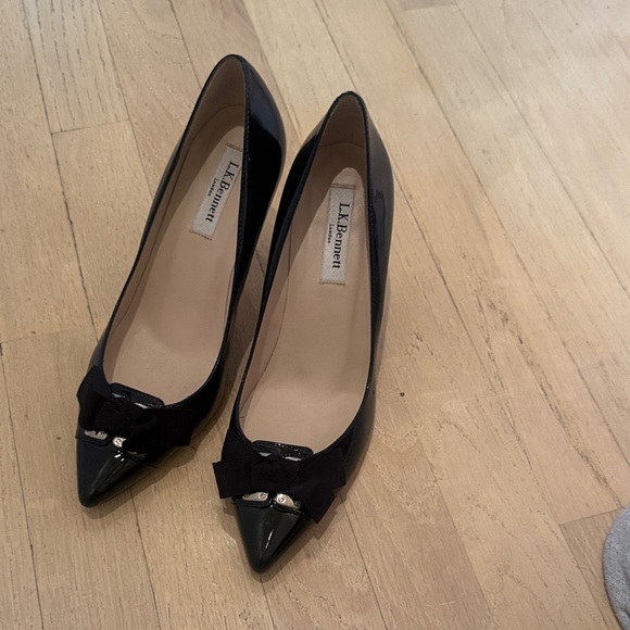 LK Bennett Shoes - LK Bennett Black Patent Pointed Pumps with Bow and Metal Accent